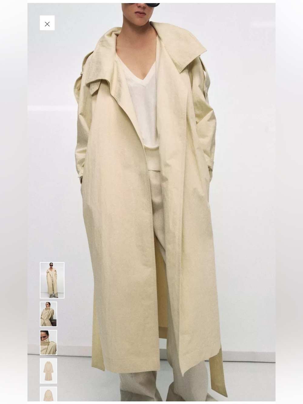 Zara Light Cream Long Trench Coat with Tie Belt - Picture 4 of 7